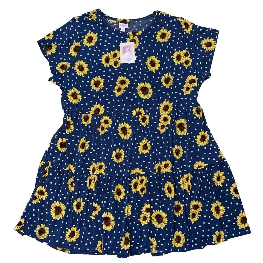 LuLaRoe Womens Ariel Dress 3XL Teal Sunflower Polka Dot Tiered Pockets NWT